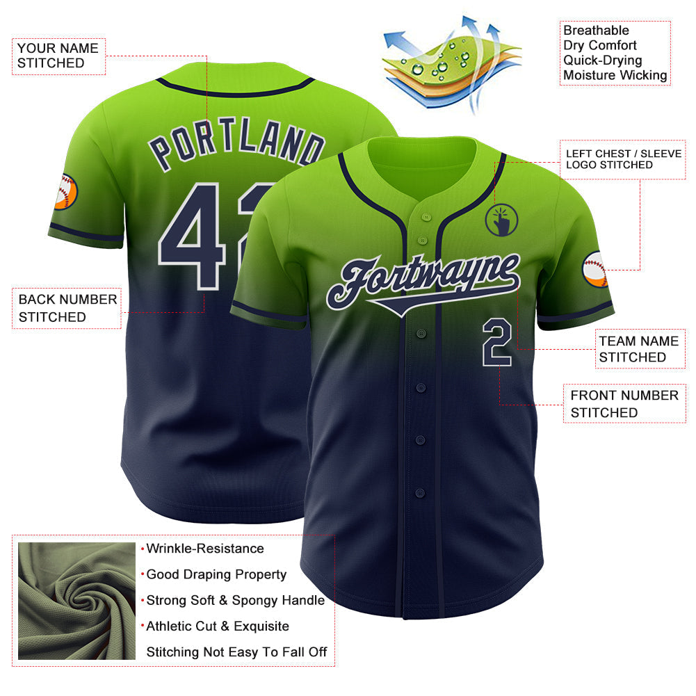 Custom Neon Green Navy-White Authentic Fade Fashion Baseball Jersey baseball jersey product view 3