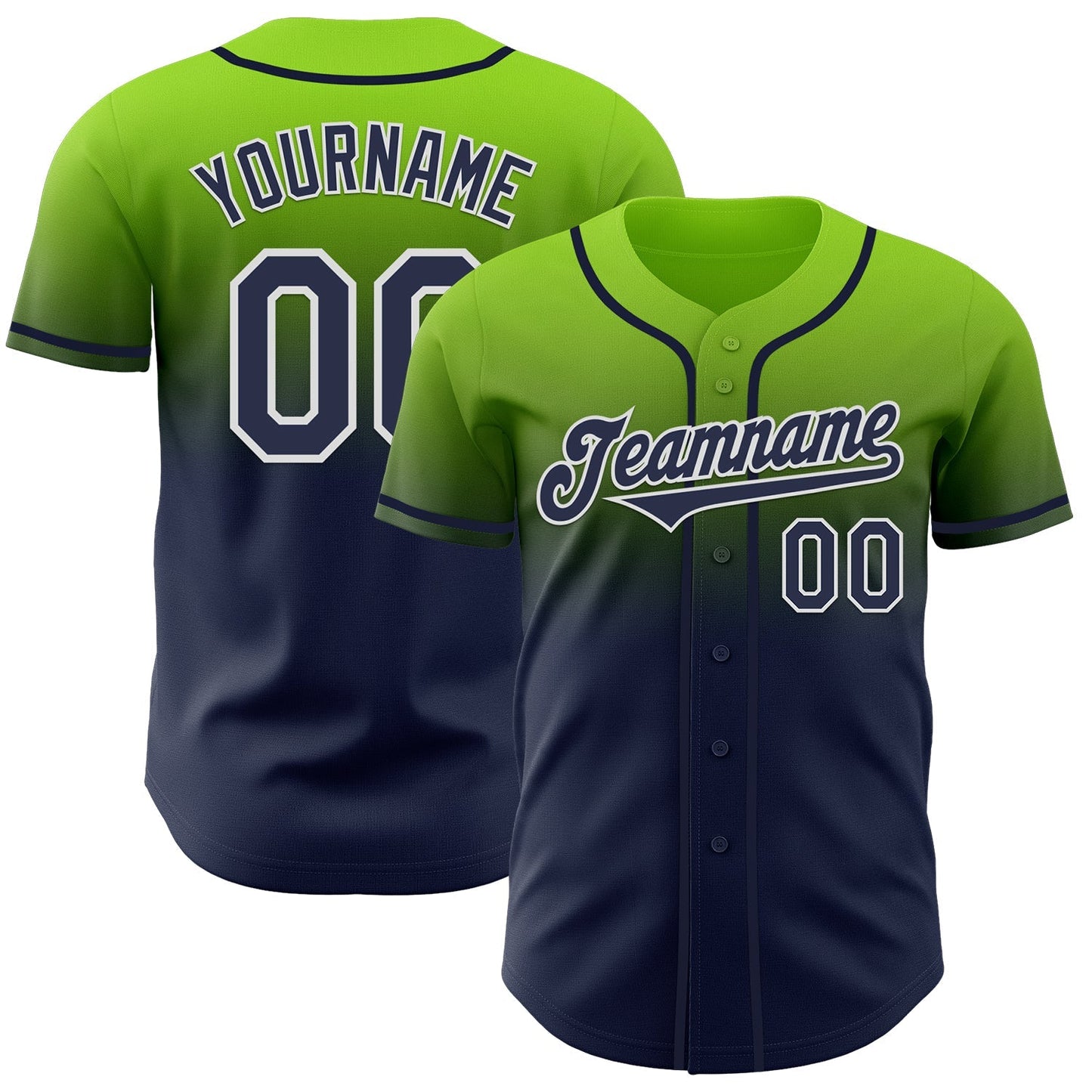 Custom Neon Green Navy-White Authentic Fade Fashion Baseball Jersey baseball jersey product view 1