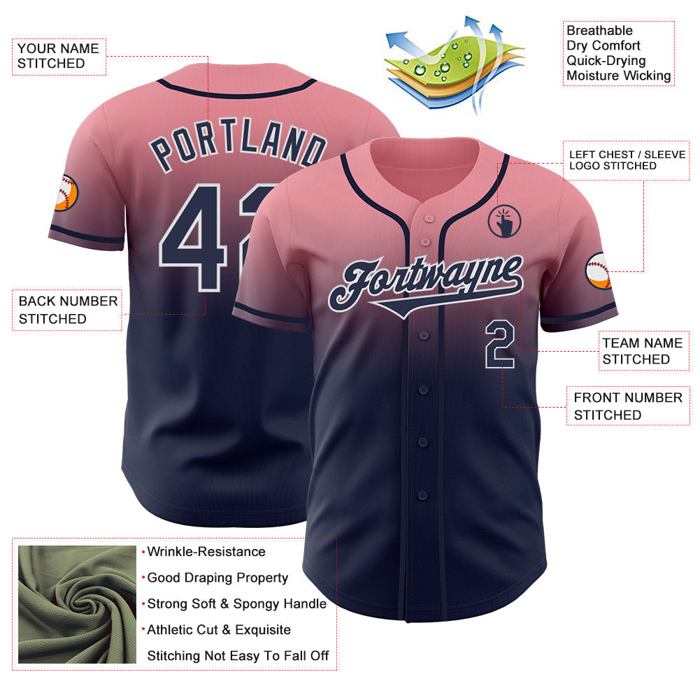 Custom Medium Pink Navy-White Authentic Fade Fashion Baseball Jersey baseball jersey product view 3