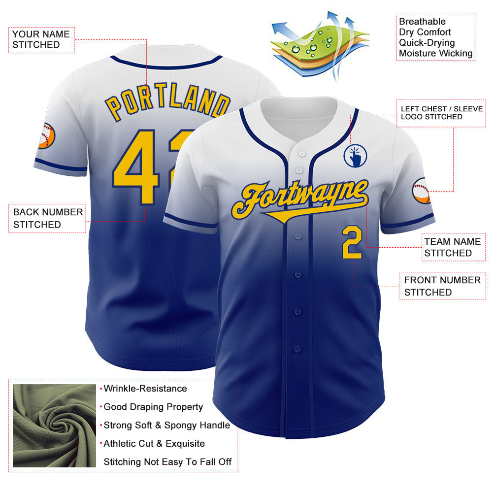 Custom White Yellow-Royal Authentic Fade Fashion Baseball Jersey baseball jersey product view 3