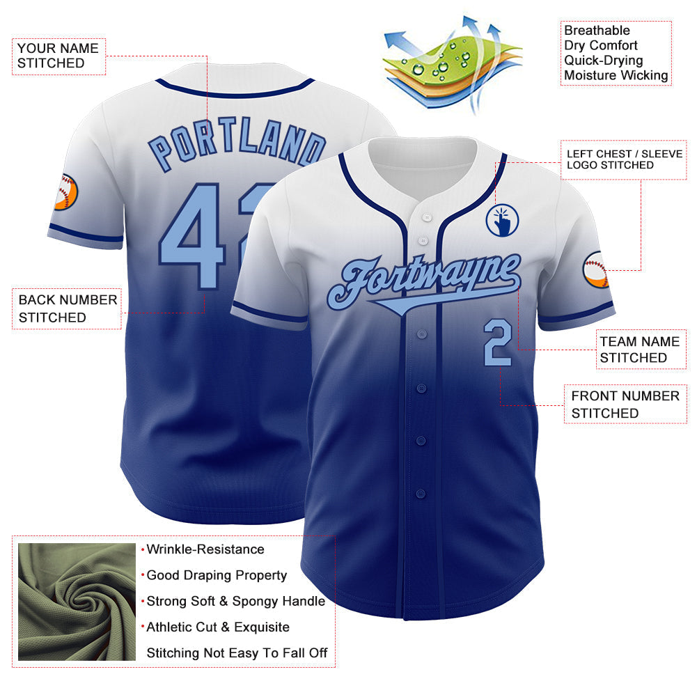 Custom White Light Blue-Royal Authentic Fade Fashion Baseball Jersey baseball jersey product view 3