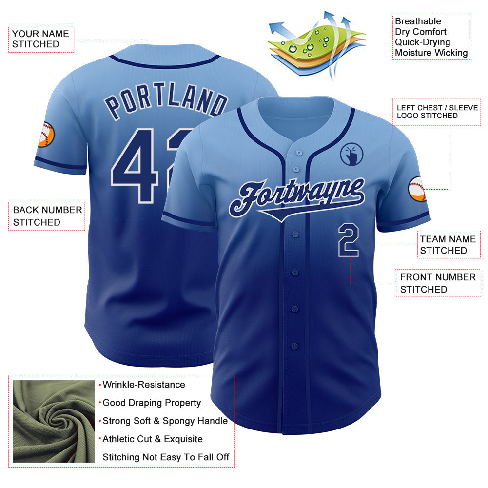Custom Light Blue Royal-White Authentic Fade Fashion Baseball Jersey baseball jersey product view 3