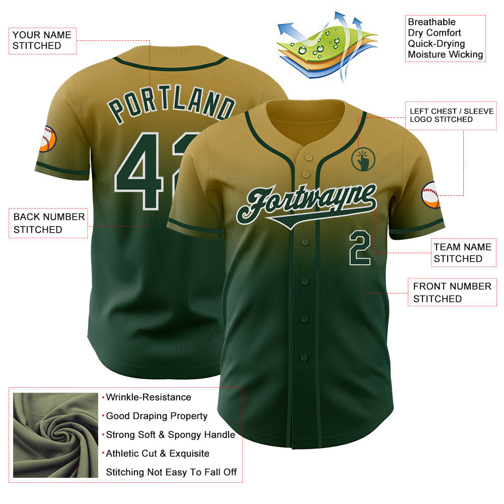 Custom Old Gold Green-White Authentic Fade Fashion Baseball Jersey baseball jersey product view 3