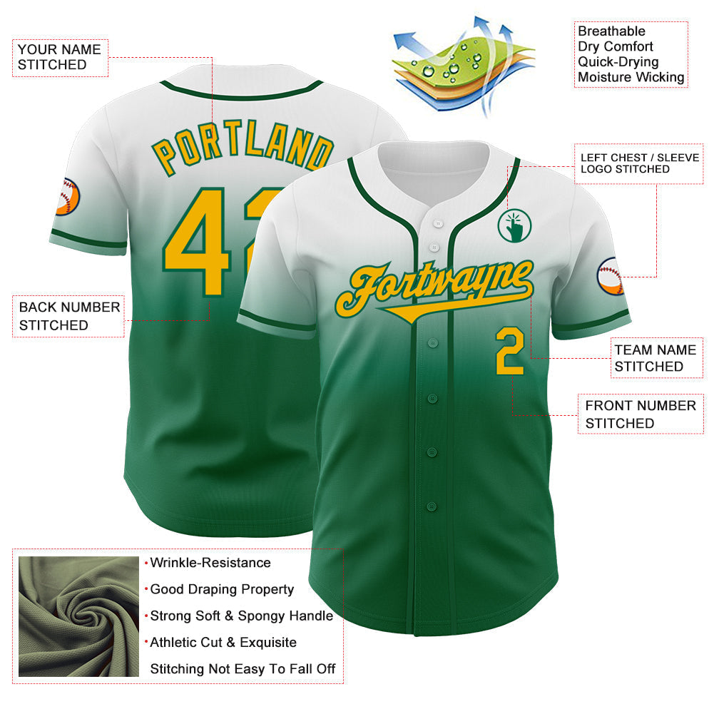 Custom White Gold-Kelly Green Authentic Fade Fashion Baseball Jersey baseball jersey product view 3
