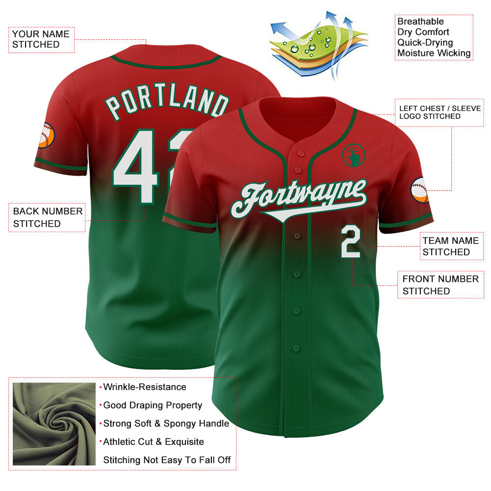 Custom Red White-Kelly Green Authentic Fade Fashion Baseball Jersey baseball jersey product view 3