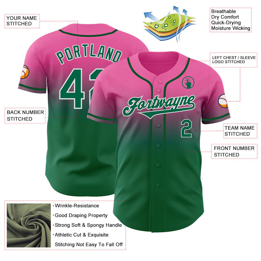 Custom Pink Kelly Green-White Authentic Fade Fashion Baseball Jersey baseball jersey product view 3