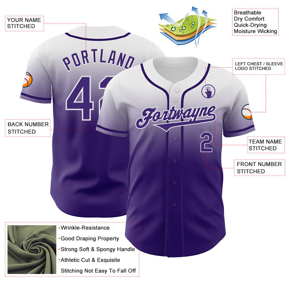 Custom White Purple Authentic Fade Fashion Baseball Jersey baseball jersey product view 3