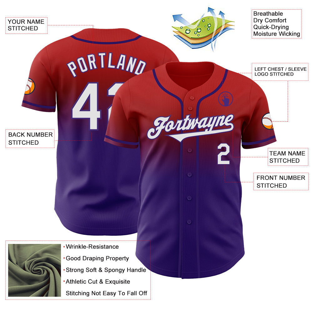 Custom Red White-Purple Authentic Fade Fashion Baseball Jersey baseball jersey product view 3