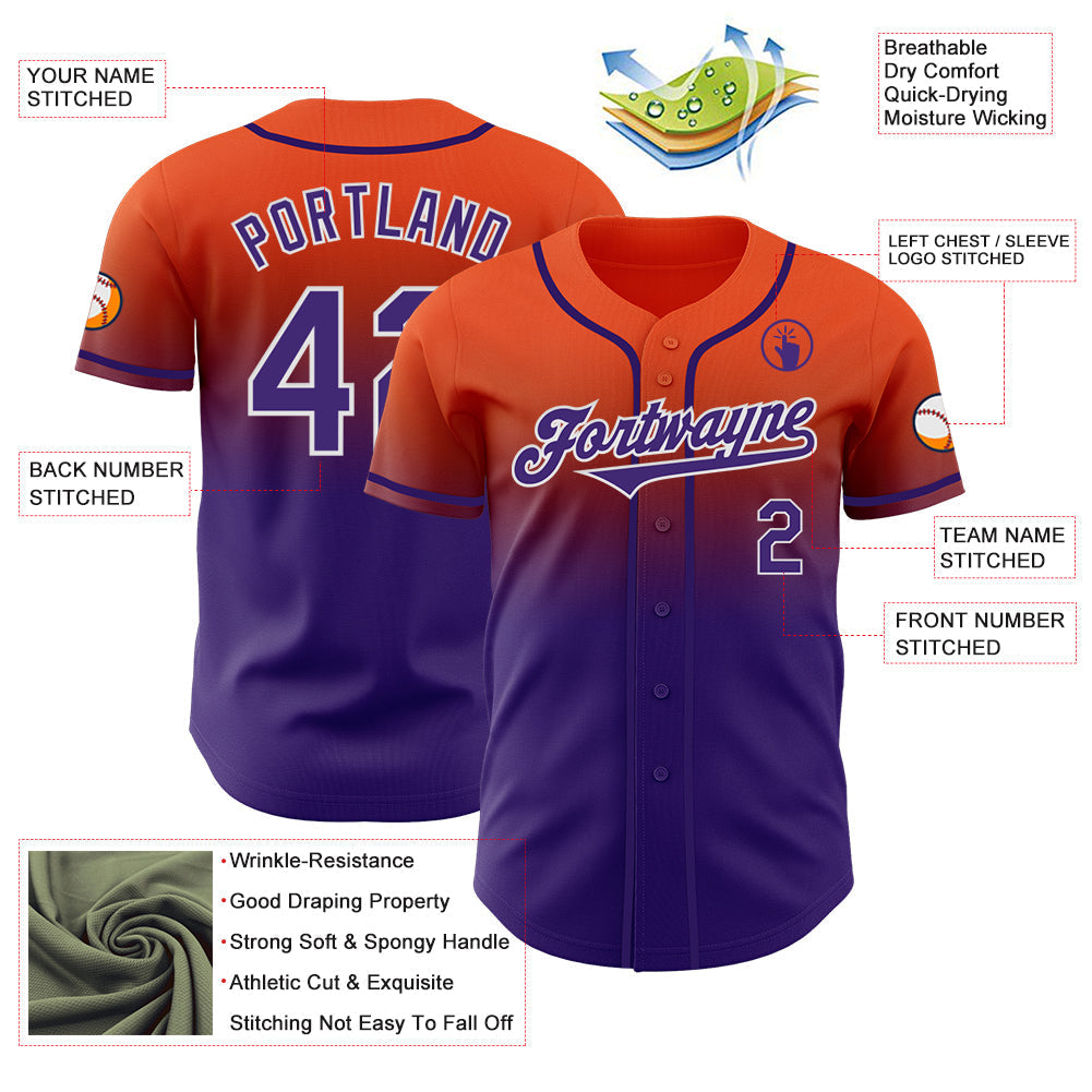 Custom Orange Purple-White Authentic Fade Fashion Baseball Jersey baseball jersey product view 3