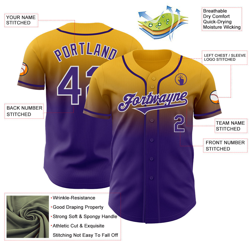 Custom Gold Purple-White Authentic Fade Fashion Baseball Jersey baseball jersey product view 3