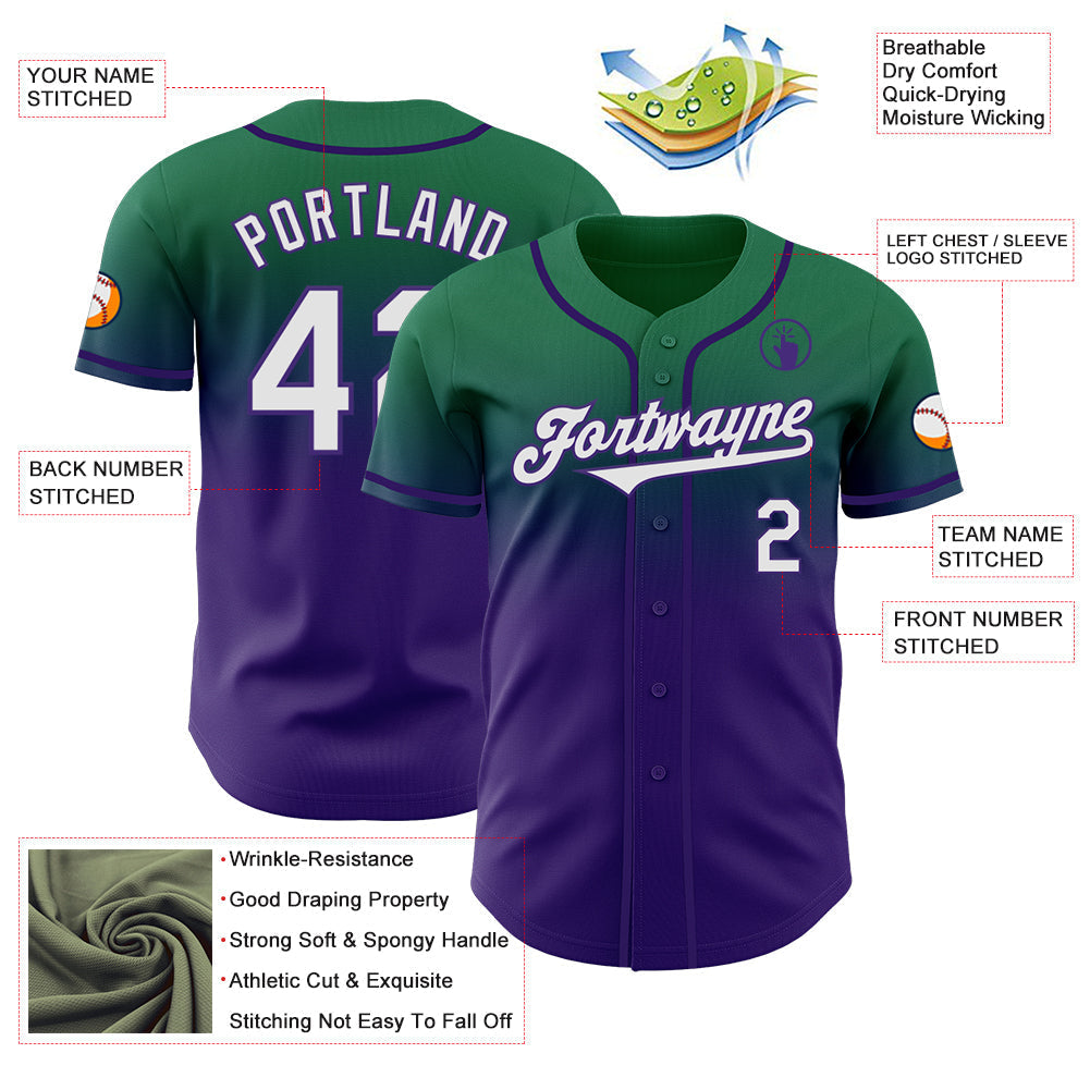 Custom Kelly Green White-Purple Authentic Fade Fashion Baseball Jersey baseball jersey product view 3
