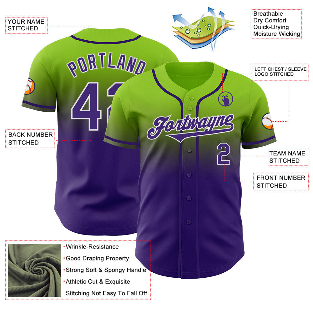 Custom Neon Green Purple-White Authentic Fade Fashion Baseball Jersey baseball jersey product view 3