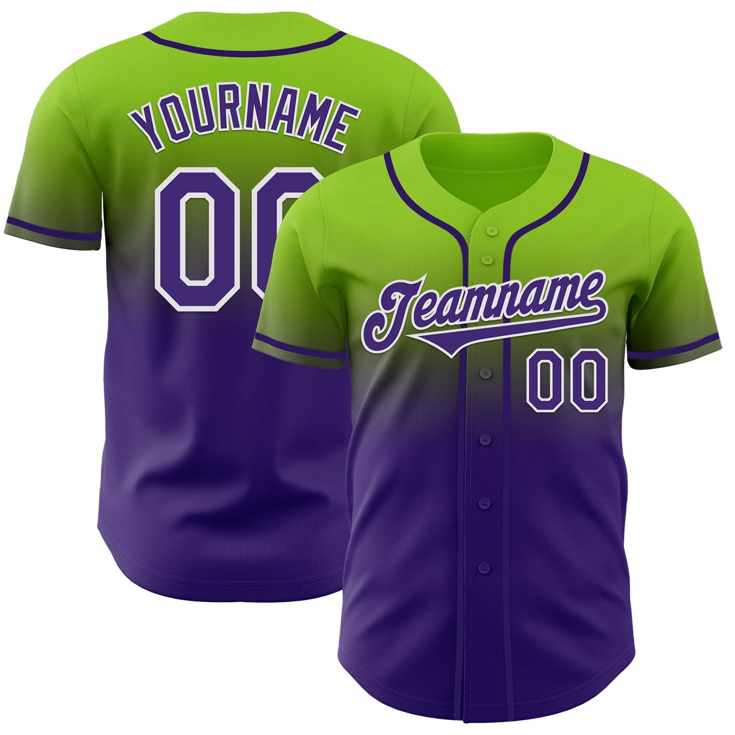 Custom Neon Green Purple-White Authentic Fade Fashion Baseball Jersey baseball jersey product view 1