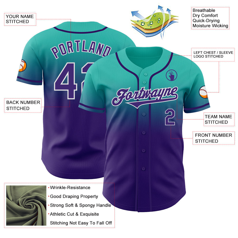 Custom Aqua Purple-White Authentic Fade Fashion Baseball Jersey baseball jersey product view 3