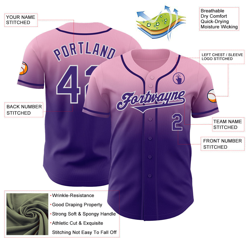 Custom Light Pink Purple-White Authentic Fade Fashion Baseball Jersey baseball jersey product view 3