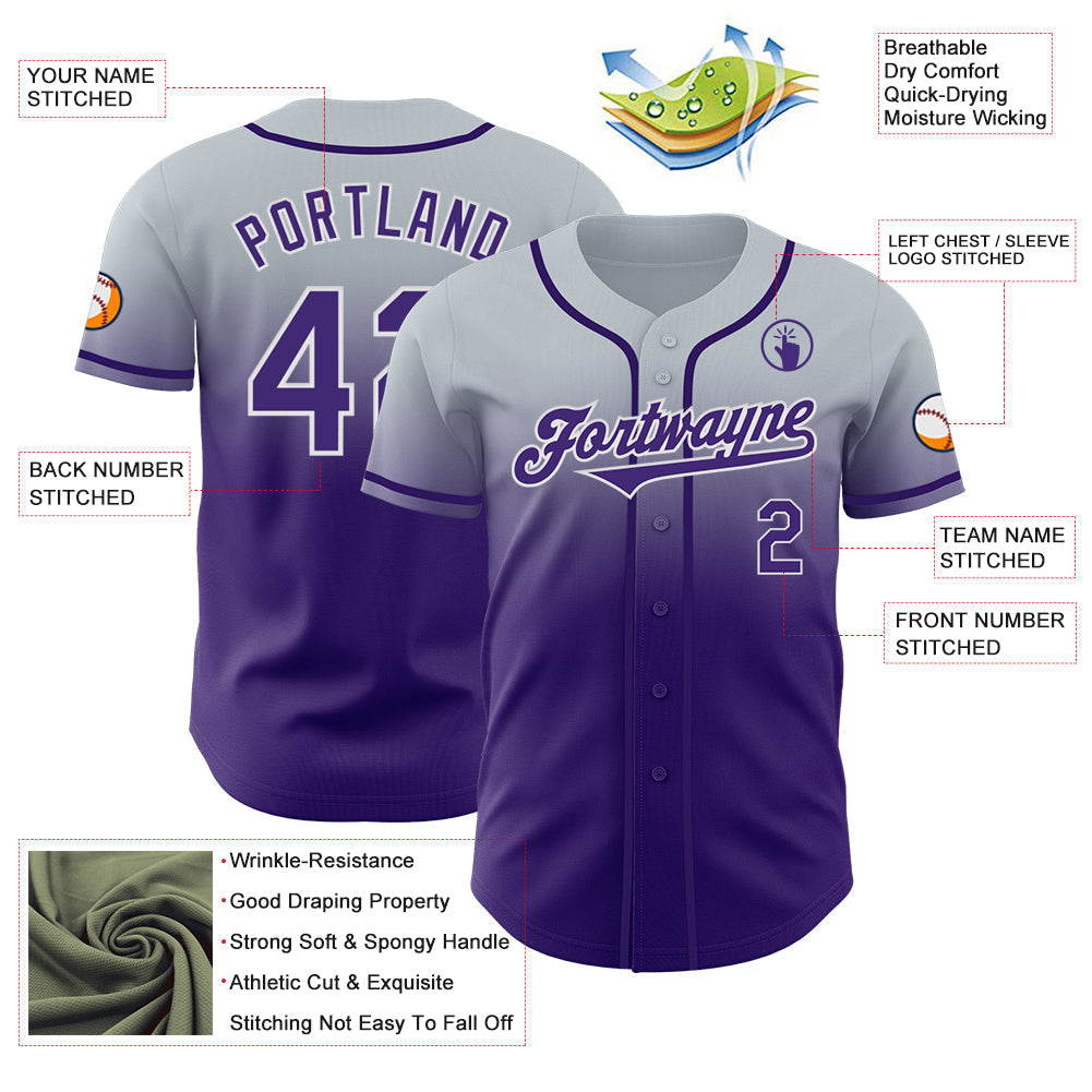 Custom Silver Purple-White Authentic Fade Fashion Baseball Jersey baseball jersey product view 3