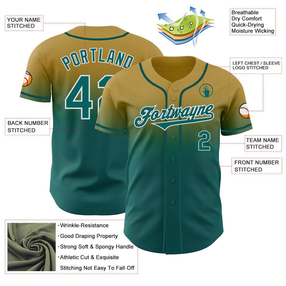 Custom Old Gold Teal-White Authentic Fade Fashion Baseball Jersey baseball jersey product view 3