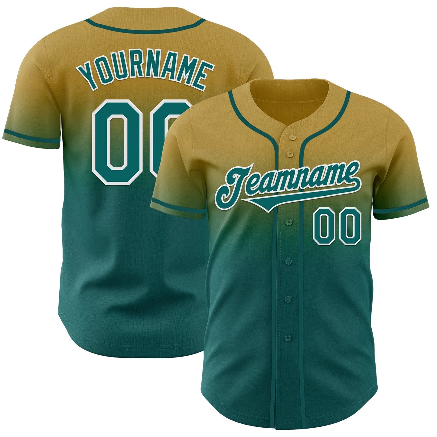 Custom Old Gold Teal-White Authentic Fade Fashion Baseball Jersey baseball jersey product view 1
