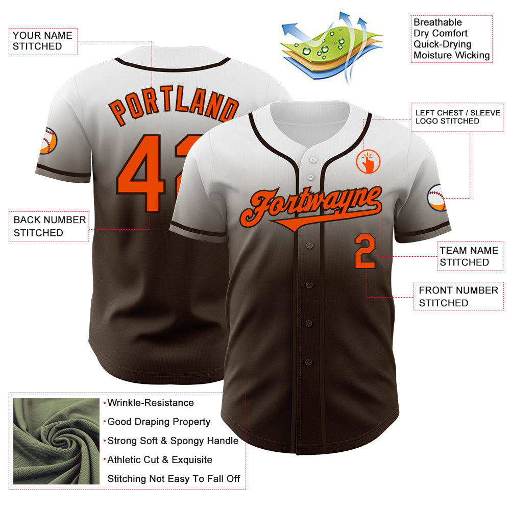 Custom White Orange-Brown Authentic Fade Fashion Baseball Jersey baseball jersey product view 3