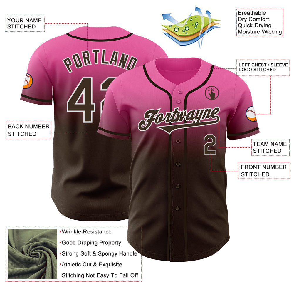 Custom Pink Brown-White Authentic Fade Fashion Baseball Jersey baseball jersey product view 3