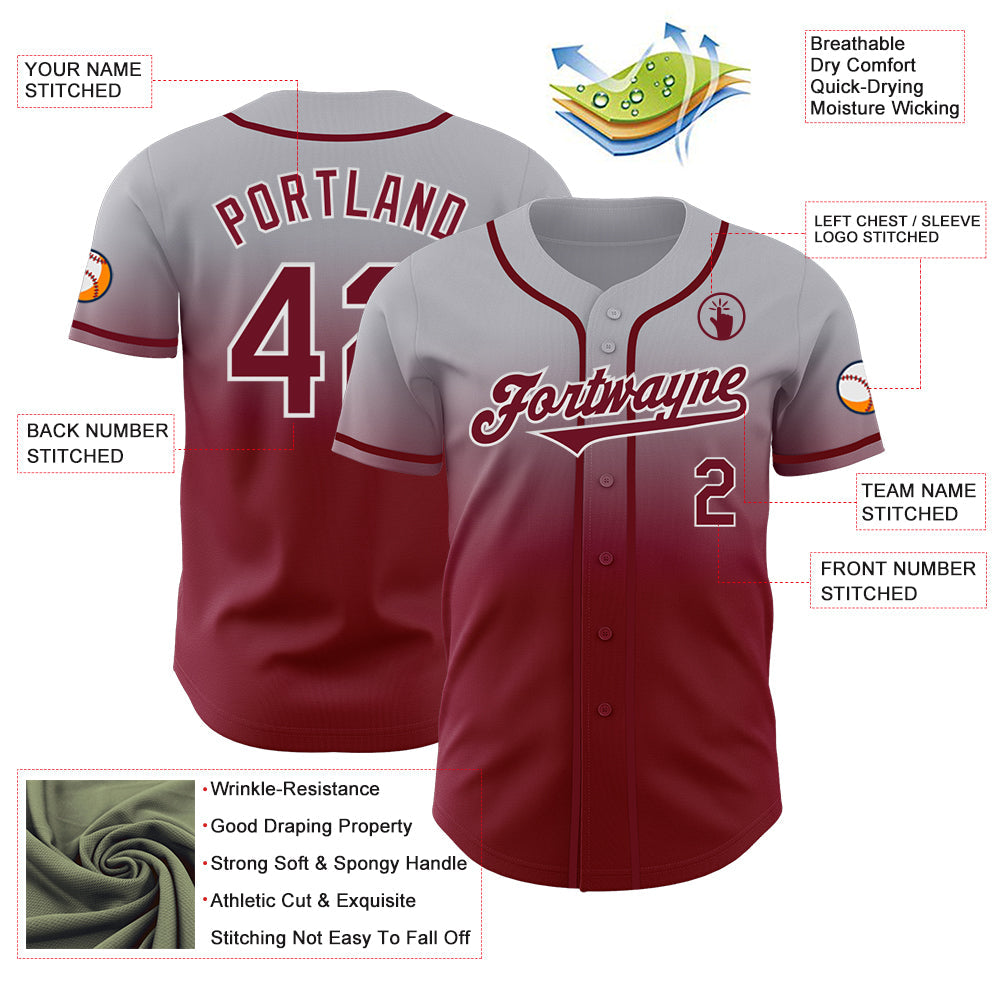 Custom Gray Crimson-White Authentic Fade Fashion Baseball Jersey baseball jersey product view 3