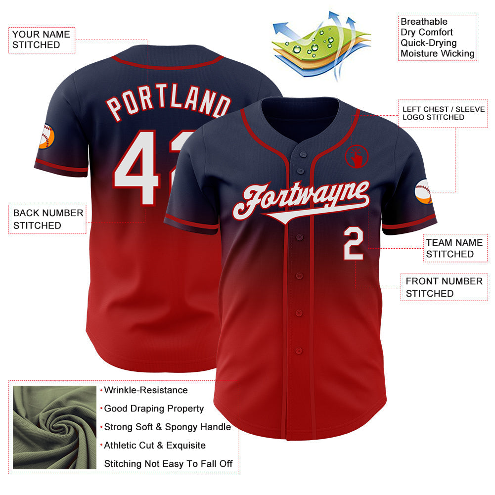Custom Navy White-Red Authentic Fade Fashion Baseball Jersey baseball jersey product view 3
