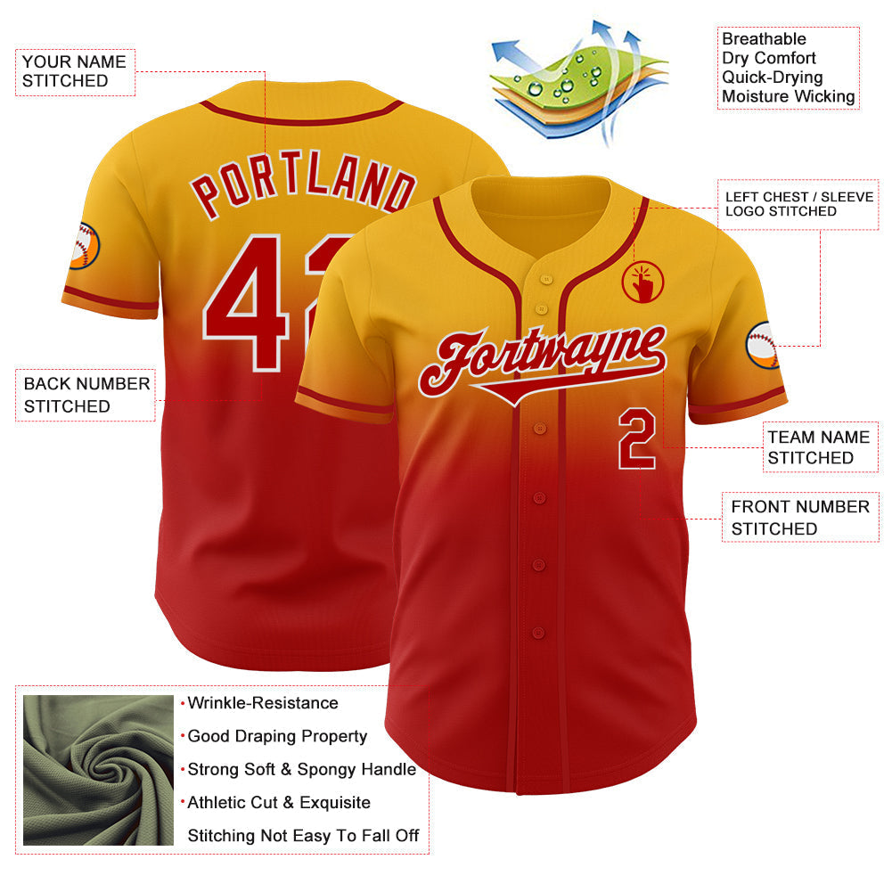 Custom Gold Red-White Authentic Fade Fashion Baseball Jersey baseball jersey product view 3