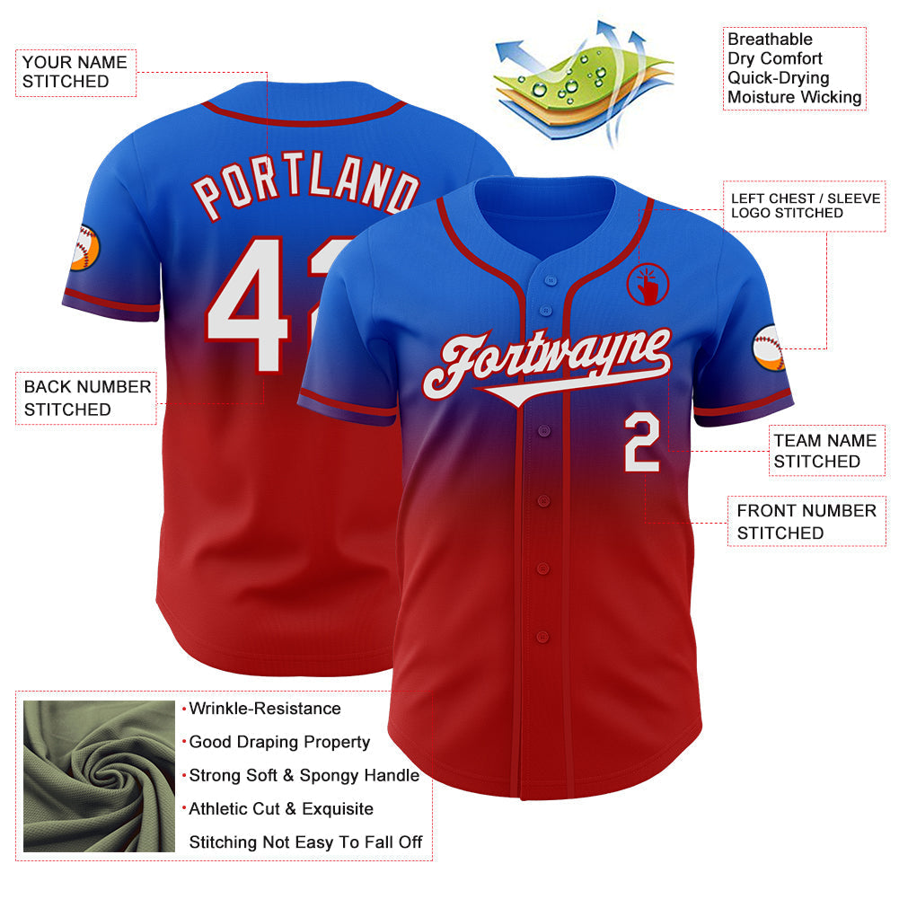 Custom Thunder Blue White-Red Authentic Fade Fashion Baseball Jersey baseball jersey product view 3