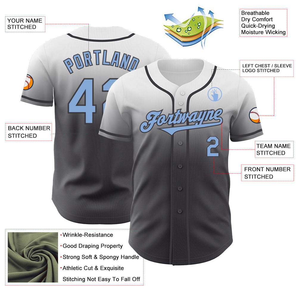 Custom White Light Blue-Steel Gray Authentic Fade Fashion Baseball Jersey baseball jersey product view 3
