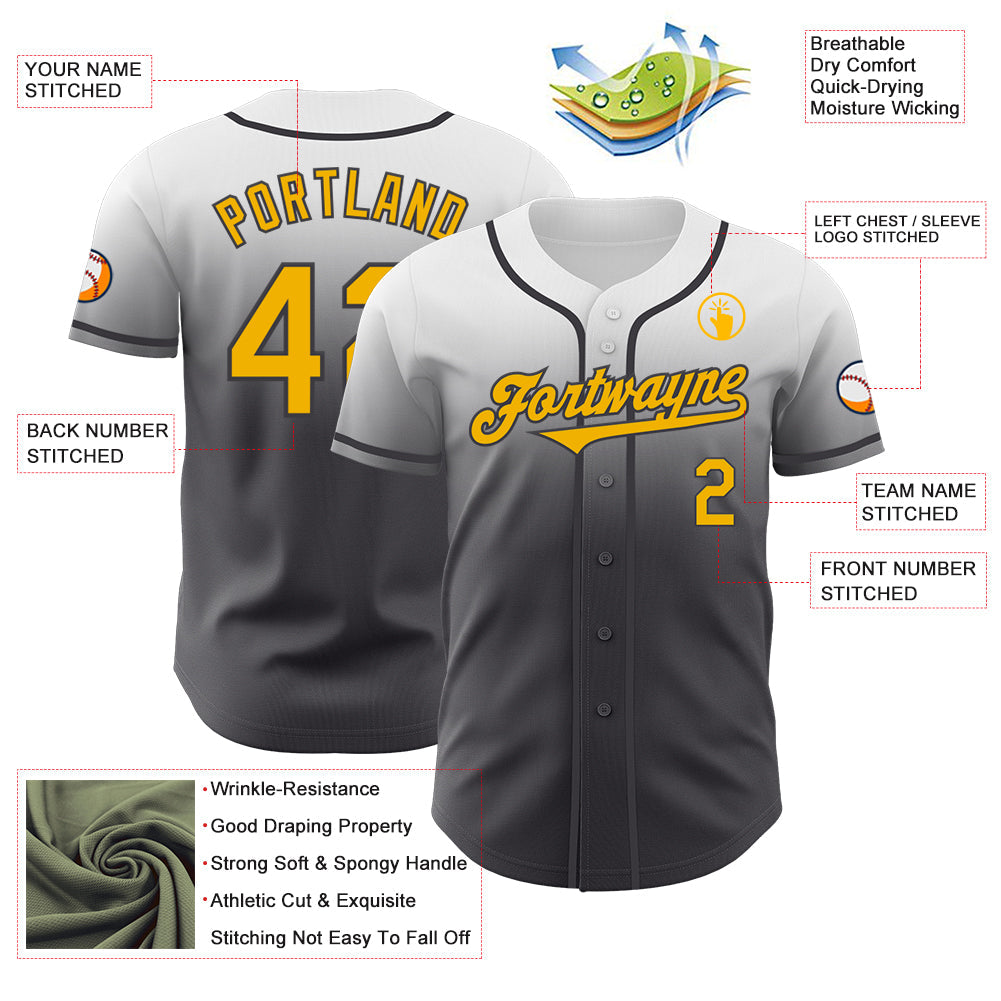 Custom White Gold-Steel Gray Authentic Fade Fashion Baseball Jersey baseball jersey product view 3