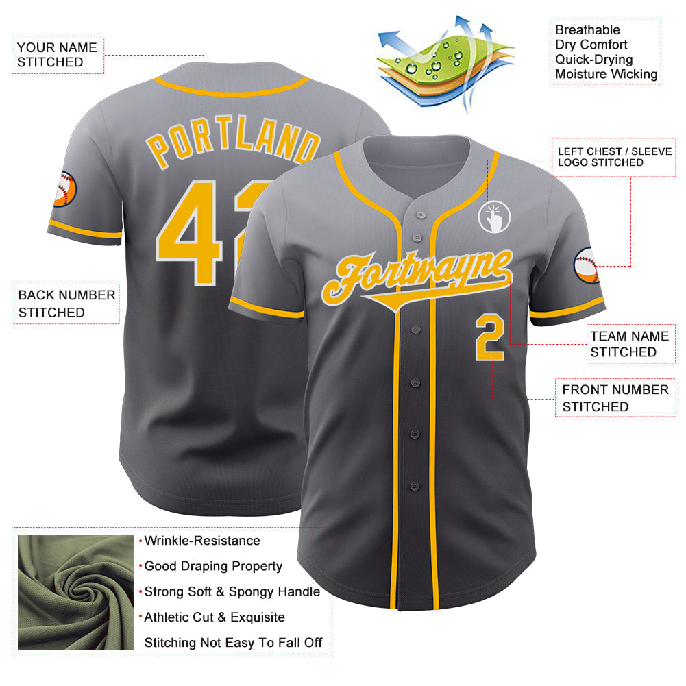 Custom Gray Gold Steel Gray-White Authentic Fade Fashion Baseball Jersey baseball jersey product view 3