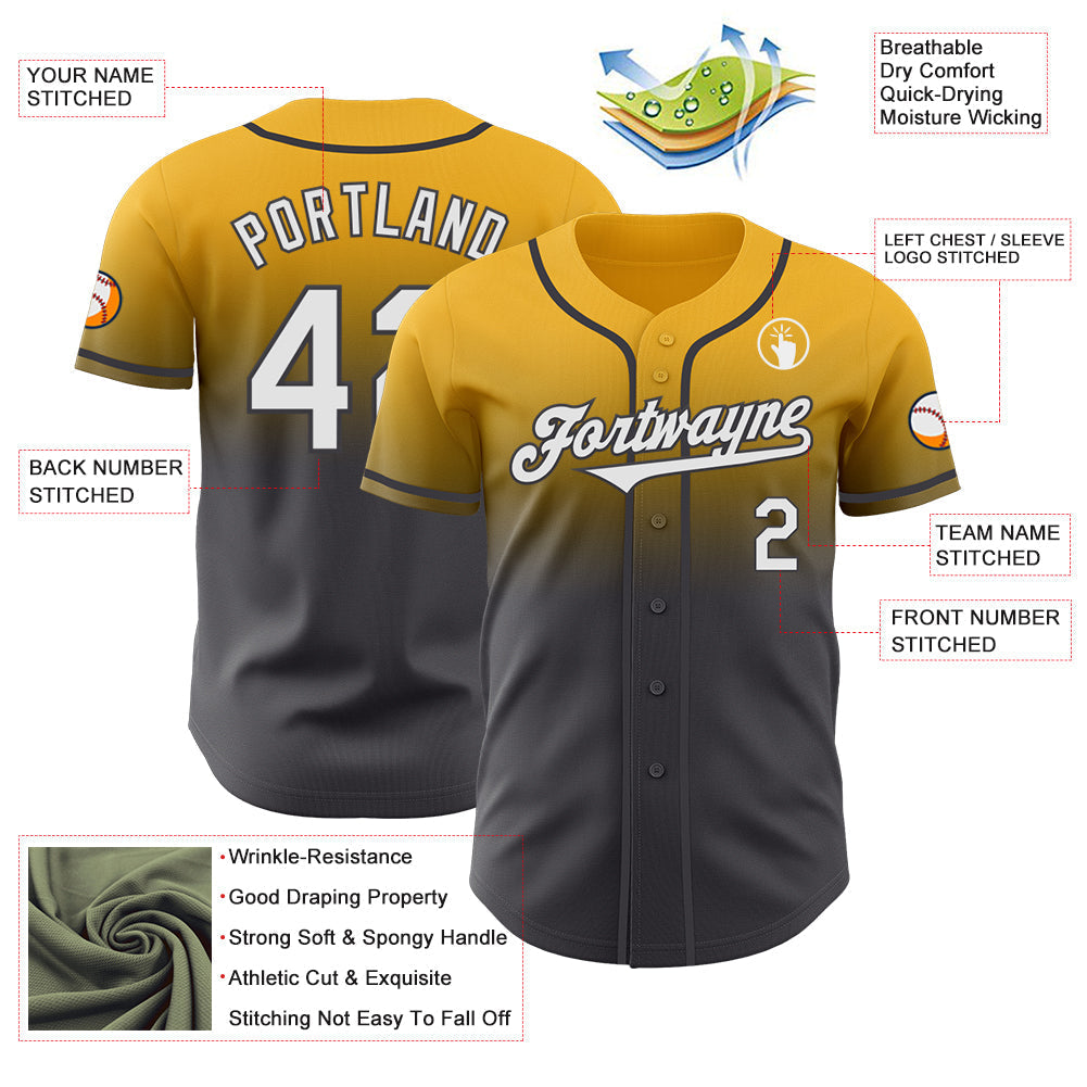Custom Gold White-Steel Gray Authentic Fade Fashion Baseball Jersey baseball jersey product view 3