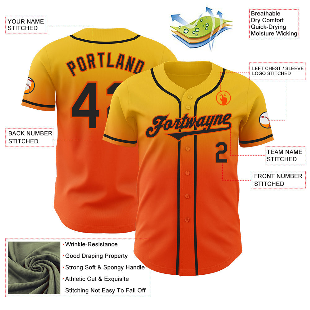 Custom Yellow Black-Orange Authentic Fade Fashion Baseball Jersey baseball jersey product view 3