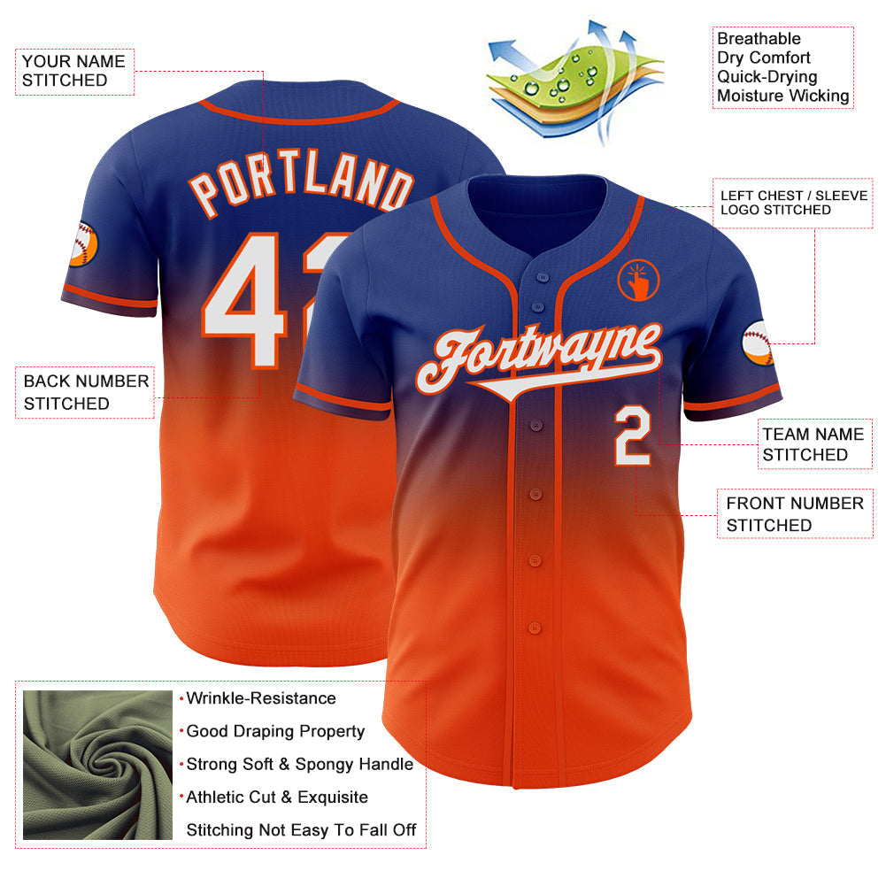Custom Royal White-Orange Authentic Fade Fashion Baseball Jersey baseball jersey product view 3