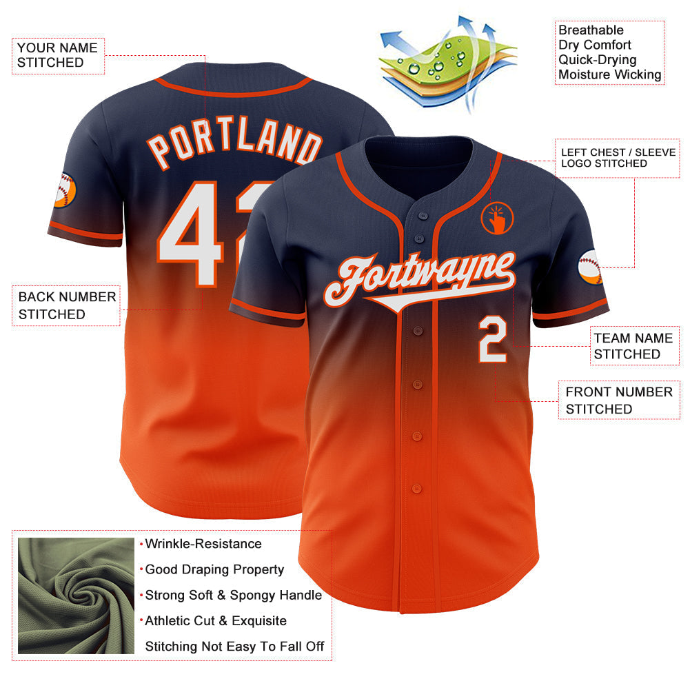 Custom Navy White-Orange Authentic Fade Fashion Baseball Jersey baseball jersey product view 3