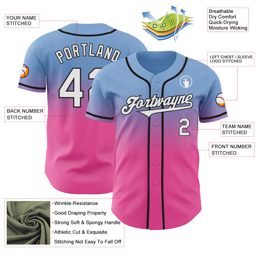 Custom Light Blue White Pink-Black Authentic Fade Fashion Baseball Jersey baseball jersey product view 3