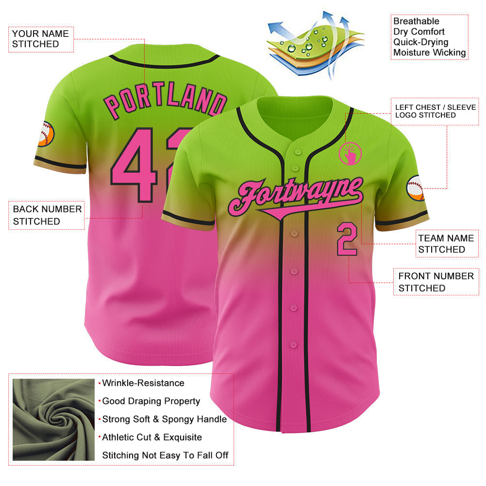 Custom Neon Green Pink-Black Authentic Fade Fashion Baseball Jersey baseball jersey product view 3