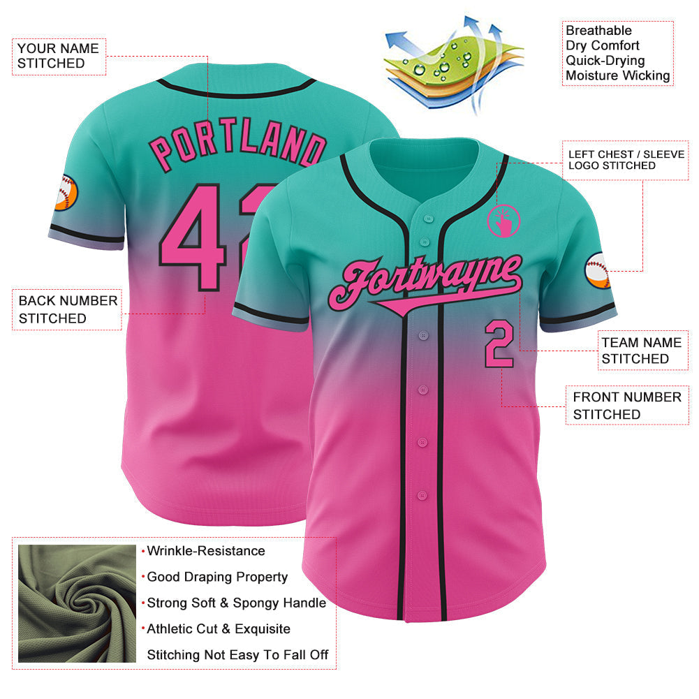 Custom Aqua Pink-Black Authentic Fade Fashion Baseball Jersey baseball jersey product view 3