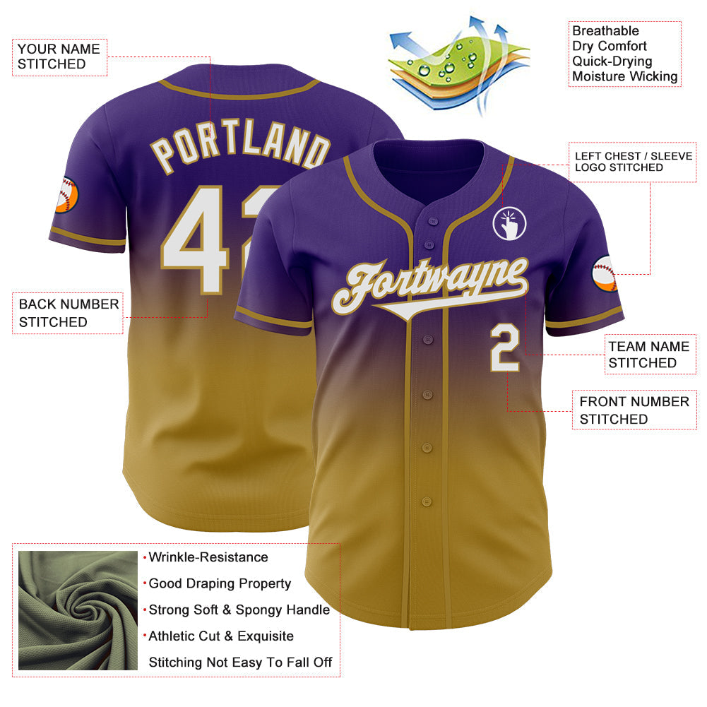Custom Purple White-Old Gold Authentic Fade Fashion Baseball Jersey baseball jersey product view 3