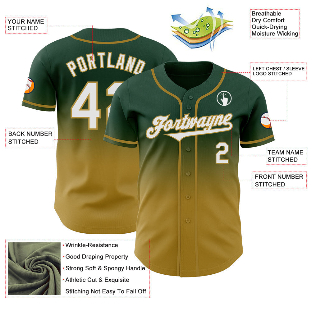 Custom Green White-Old Gold Authentic Fade Fashion Baseball Jersey baseball jersey product view 3