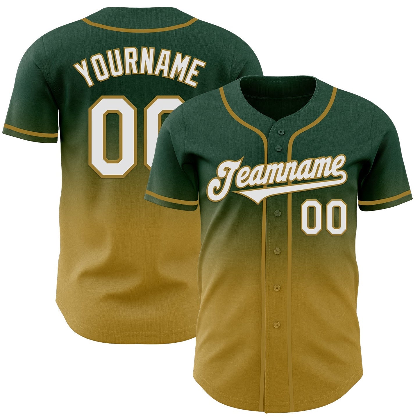 Custom Green White-Old Gold Authentic Fade Fashion Baseball Jersey baseball jersey product view 1