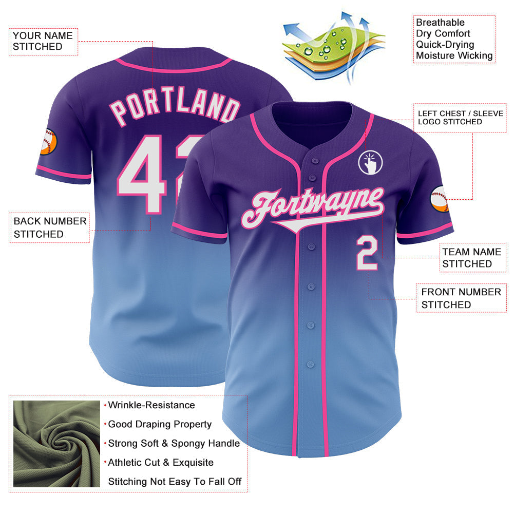 Custom Purple White Light Blue-Pink Authentic Fade Fashion Baseball Jersey baseball jersey product view 3