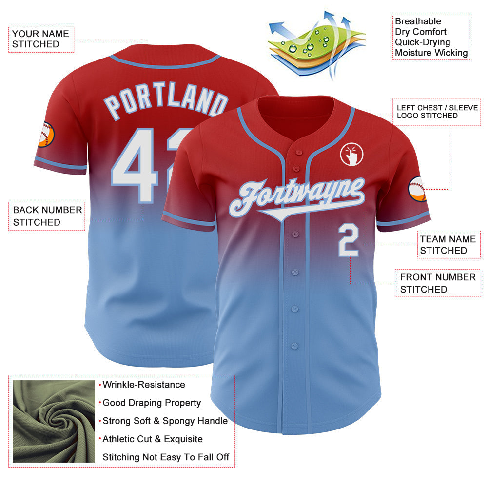 Custom Red White-Light Blue Authentic Fade Fashion Baseball Jersey baseball jersey product view 3