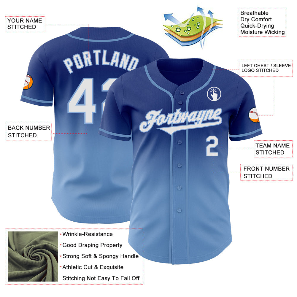 Custom Royal White-Light Blue Authentic Fade Fashion Baseball Jersey baseball jersey product view 3