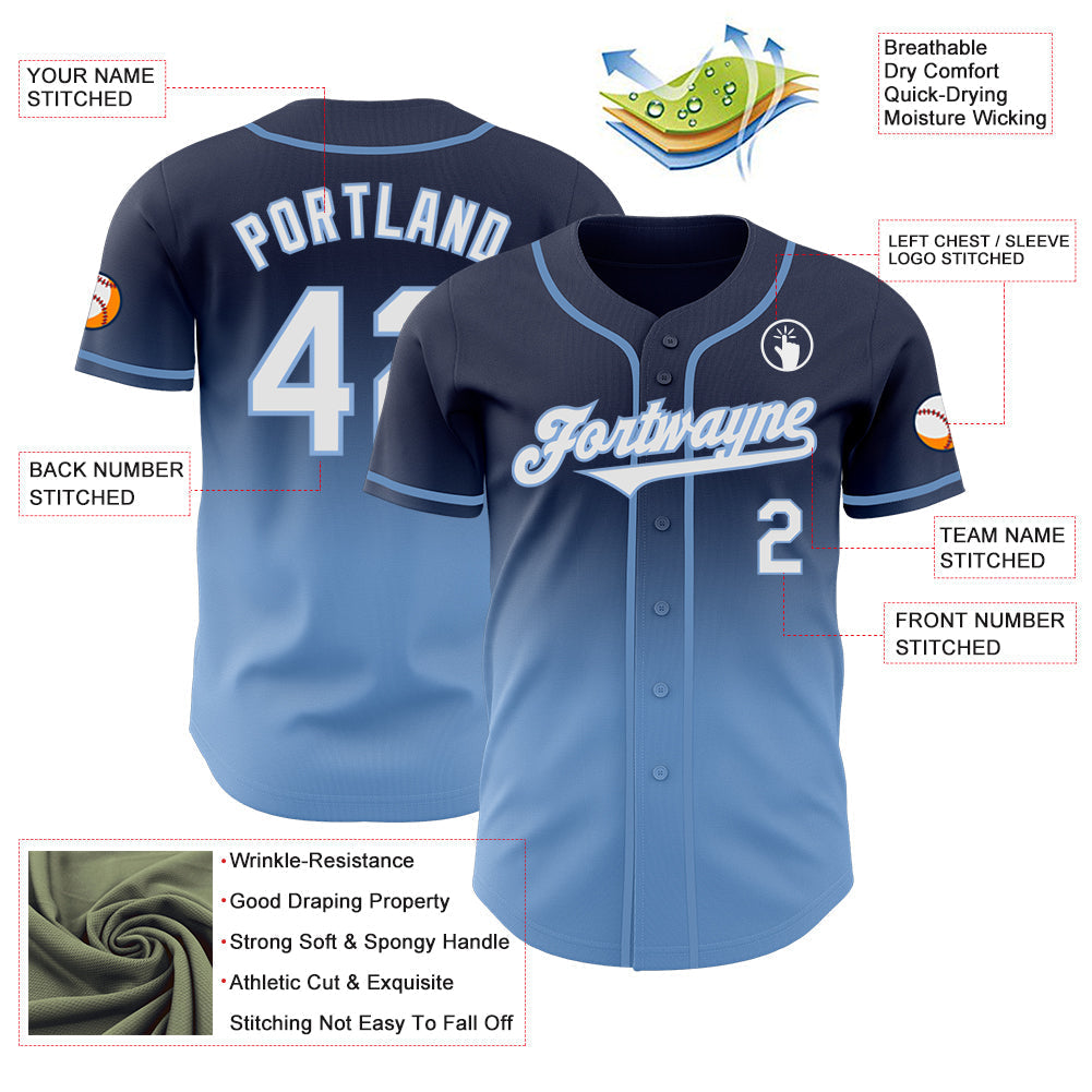 Custom Navy White-Light Blue Authentic Fade Fashion Baseball Jersey baseball jersey product view 3