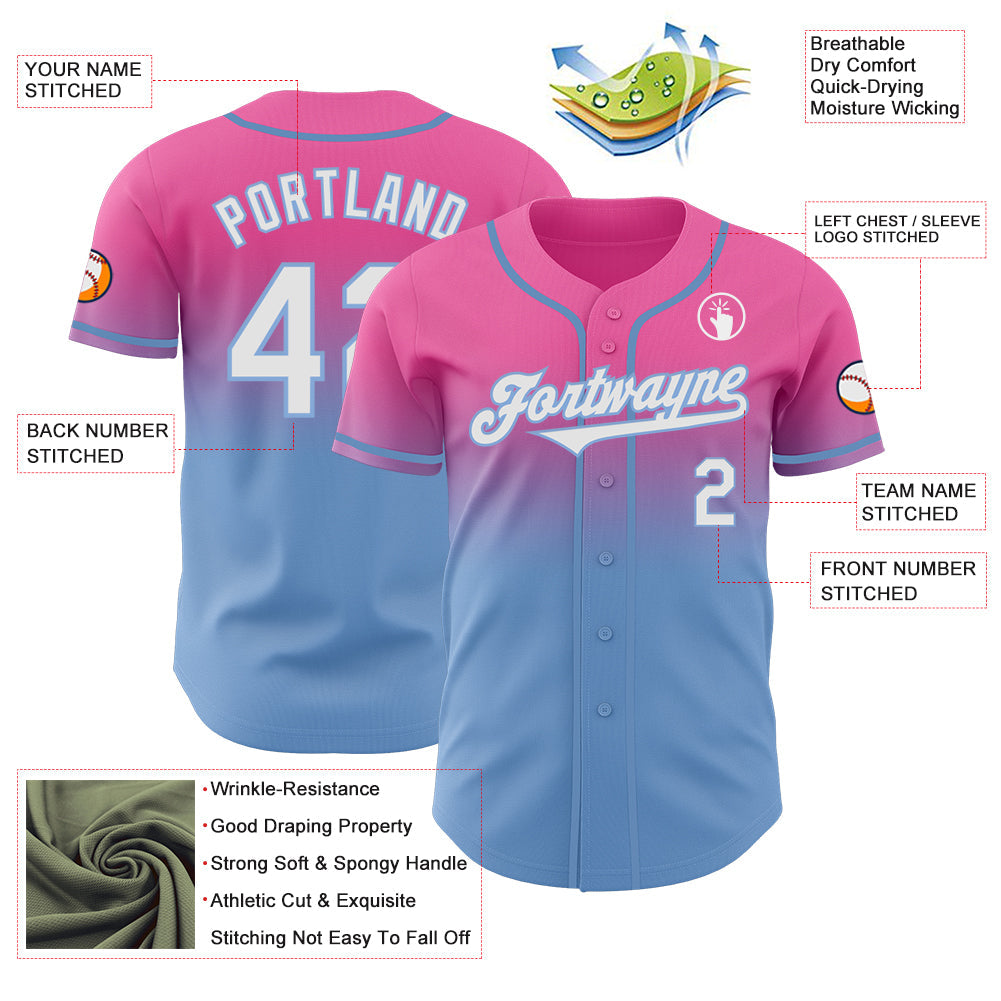 Custom Pink White-Light Blue Authentic Fade Fashion Baseball Jersey baseball jersey product view 3