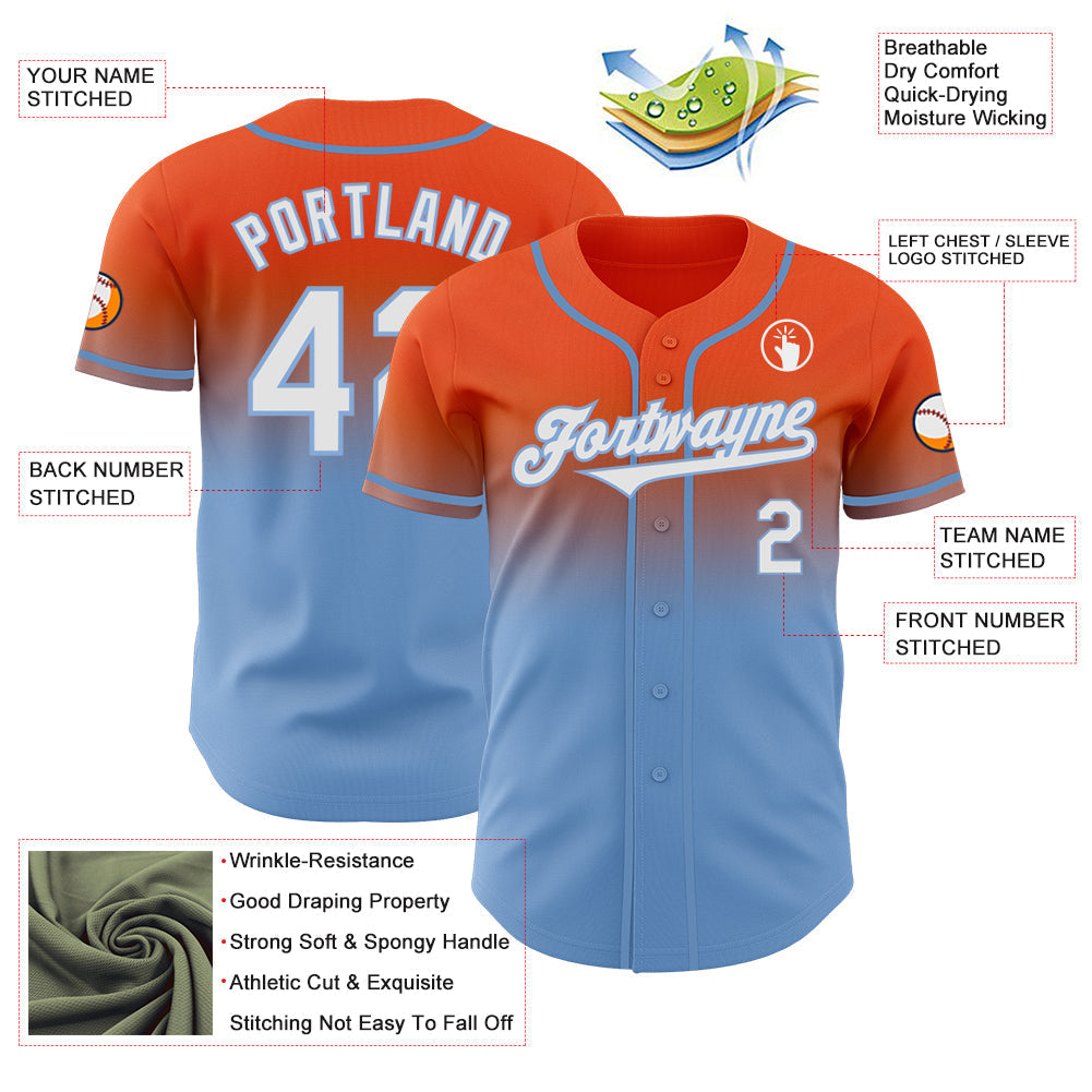 Custom Orange White-Light Blue Authentic Fade Fashion Baseball Jersey baseball jersey product view 3