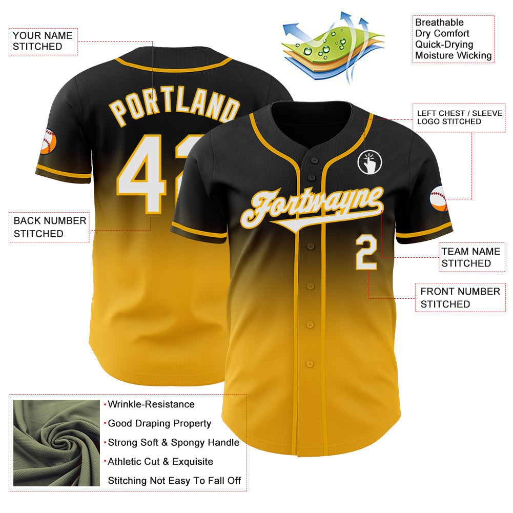 Custom Black White-Gold Authentic Fade Fashion Baseball Jersey baseball jersey product view 3