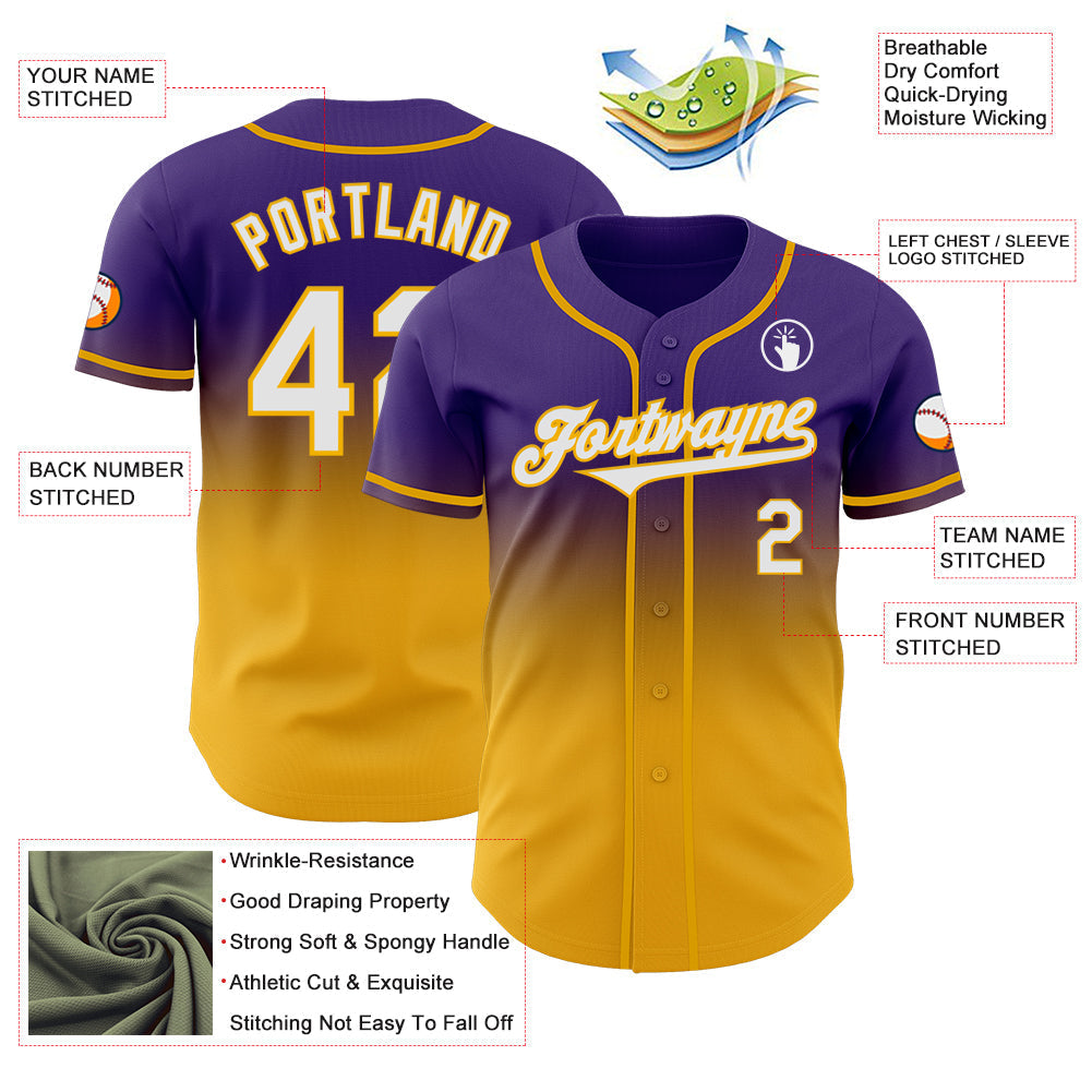 Custom Purple White-Gold Authentic Fade Fashion Baseball Jersey baseball jersey product view 3