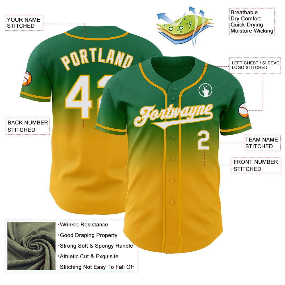 Custom Kelly Green White-Gold Authentic Fade Fashion Baseball Jersey baseball jersey product view 3